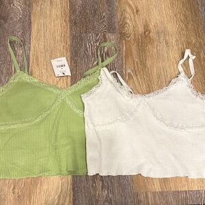 Cotton One Lace-Trim Ribbed Cami Tank Top - new Green & EUC White size medium